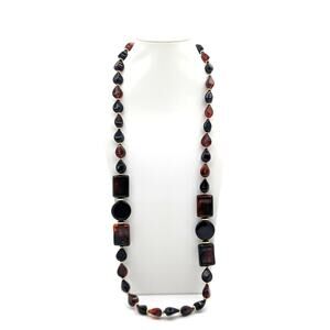 Vintage Acrylic Tortoise Shell Black Beaded Layering Neutral Statement Necklace